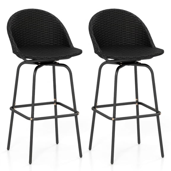Furnibear Set of 2 Rattan Swivel Bar Stools with Curved Back and Footrest for Kitchen Island Counter Patio and Home Bar Seating, Black