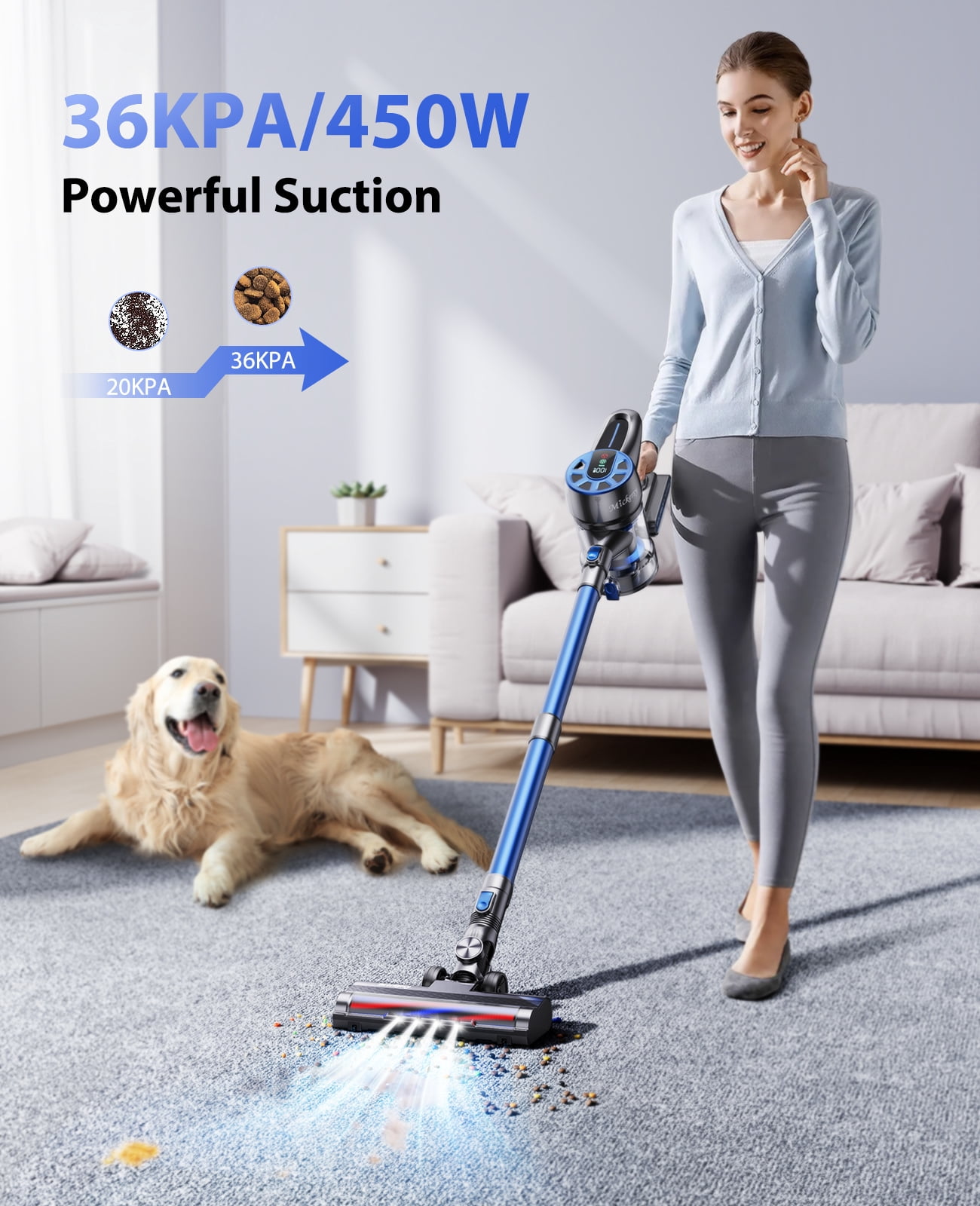 Cordless Stick Vacuum Cleaners 55mins 450W 40KPa with Touch Display Powerful Lightweight Vacuum Cleaner for Carpets Floors Pet Hair Home