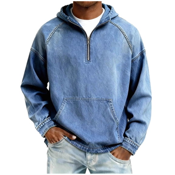 RYDCOT Men's Cotton Sweatshirt Washed Distressed Denim Hoodies Oversized Long Sleeve 1/4 Zip Casual Jean Hooded Loose Pullover Tops with Pocket Light Blue