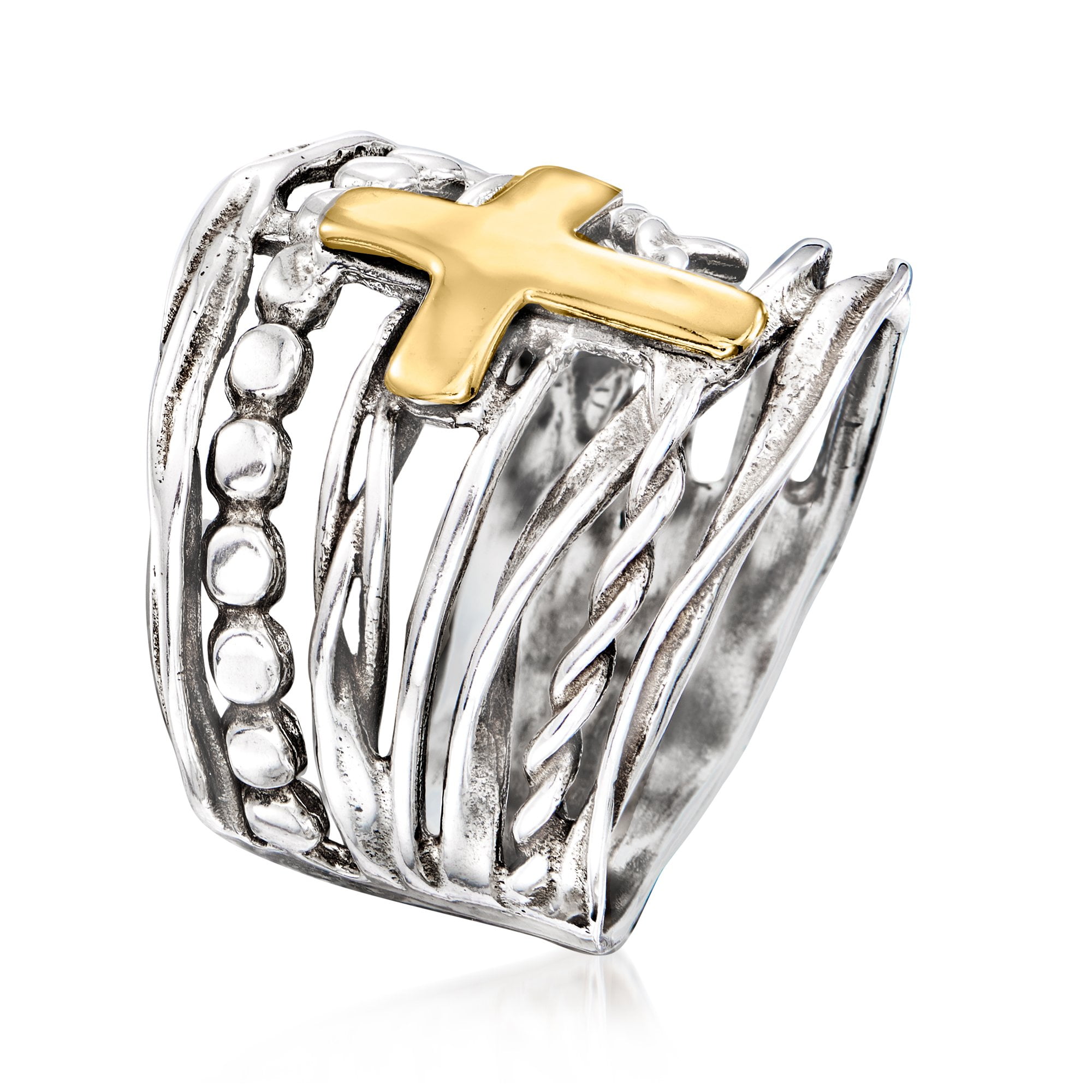 Ross-Simons Sterling Silver and 14kt Yellow Gold Multi-Row Cross Ring, Women's, Adult