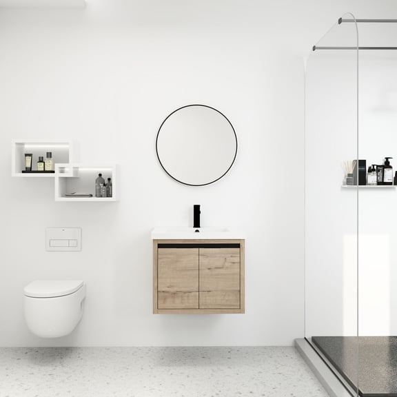 24-Inch Wall-Mounted Bathroom Vanity with Soft Close Doors, Hidden Handles, and Resin Sink - Provides Ample Storage and Quiet Operation in Small Bathrooms