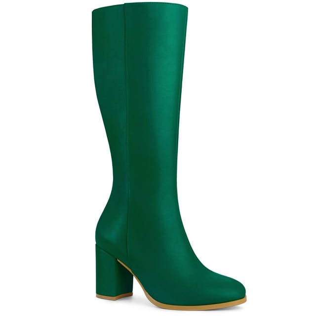 Unique Bargains Bottes à Talons Blocs à Bout Rond Hauteur Genou pour Femmes Vert (Taille 8)