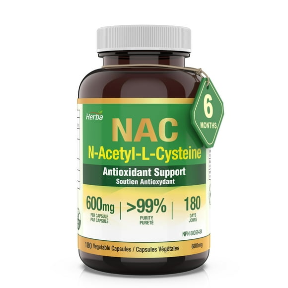 Herba NAC Supplement 600mg – 180 Vegetable Capsules | N-Acetyl-L-Cysteine | NAC Supplement 600 mg for Improving Glutathione Levels | Antioxidant and Immune System Support | Made in Canada