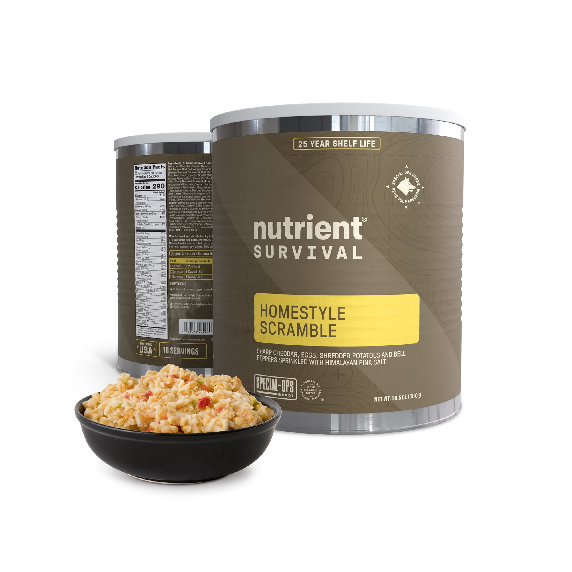 Nutrient Survival MRE Homestyle Scramble Eggs, Ready to Eat Meals, Freeze Dried Prepper Supplies & Emergency Food Supply, 40 Essential Nutrients, Shelf Stable Up to 25 Years, One Can, 10 Servings