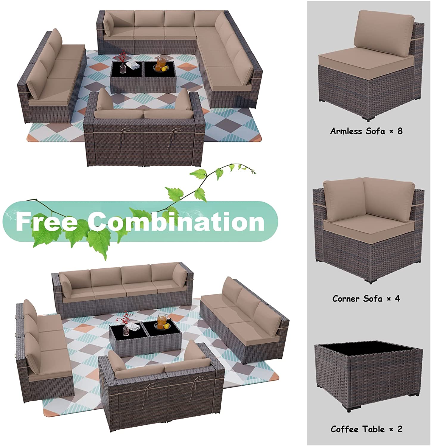 Gotland Outdoor Patio Furniture Set 14 Pieces Sectional Rattan Sofa Set PE Rattan Wicker Patio Conversation Set with Seat Cushions and Tempered Glass Table,Sand
