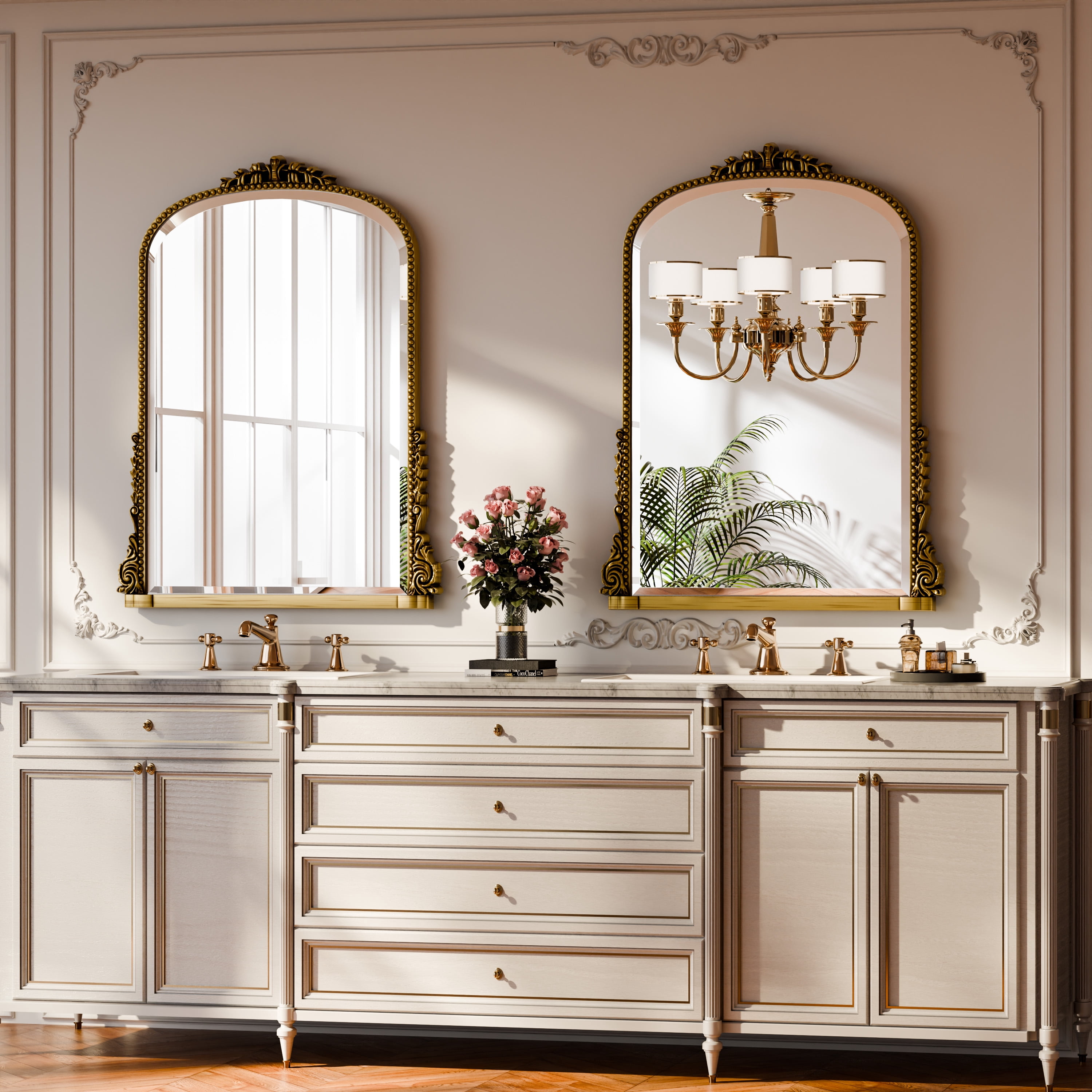 GRAHMCY 40"x 28" Arched Bathroom Mirror Hanging Vanity Mirror Decor Wall Mirror, Antique Gold
