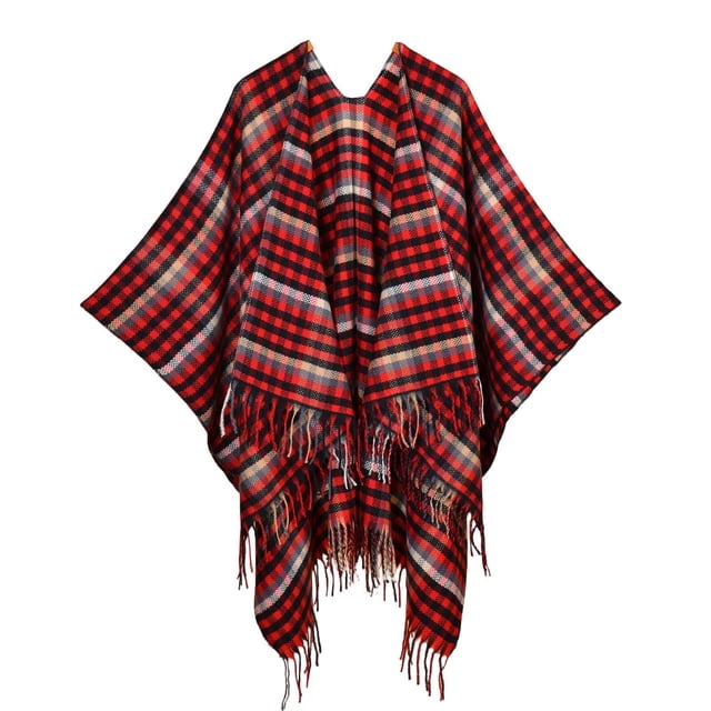 Gpaecead Cape Foulard à Carreaux pour Femmes - Détail Coloré à Franges Châle Ouvert pour Automne Mode Rouge