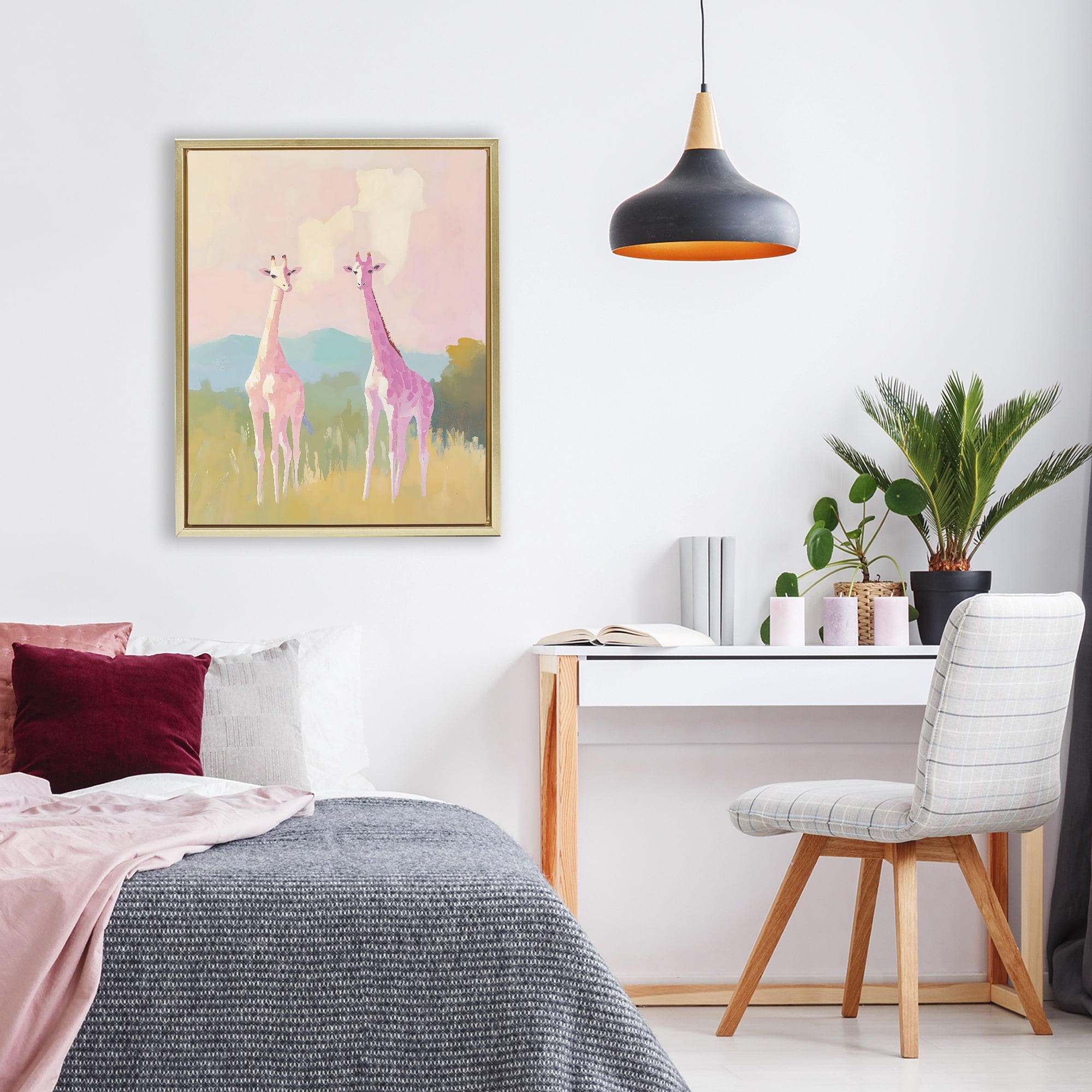 Stupell Industries Pink Giraffes on Savanna Gold Framed Floater Canvas Wall Art, design by The Prints Vibe