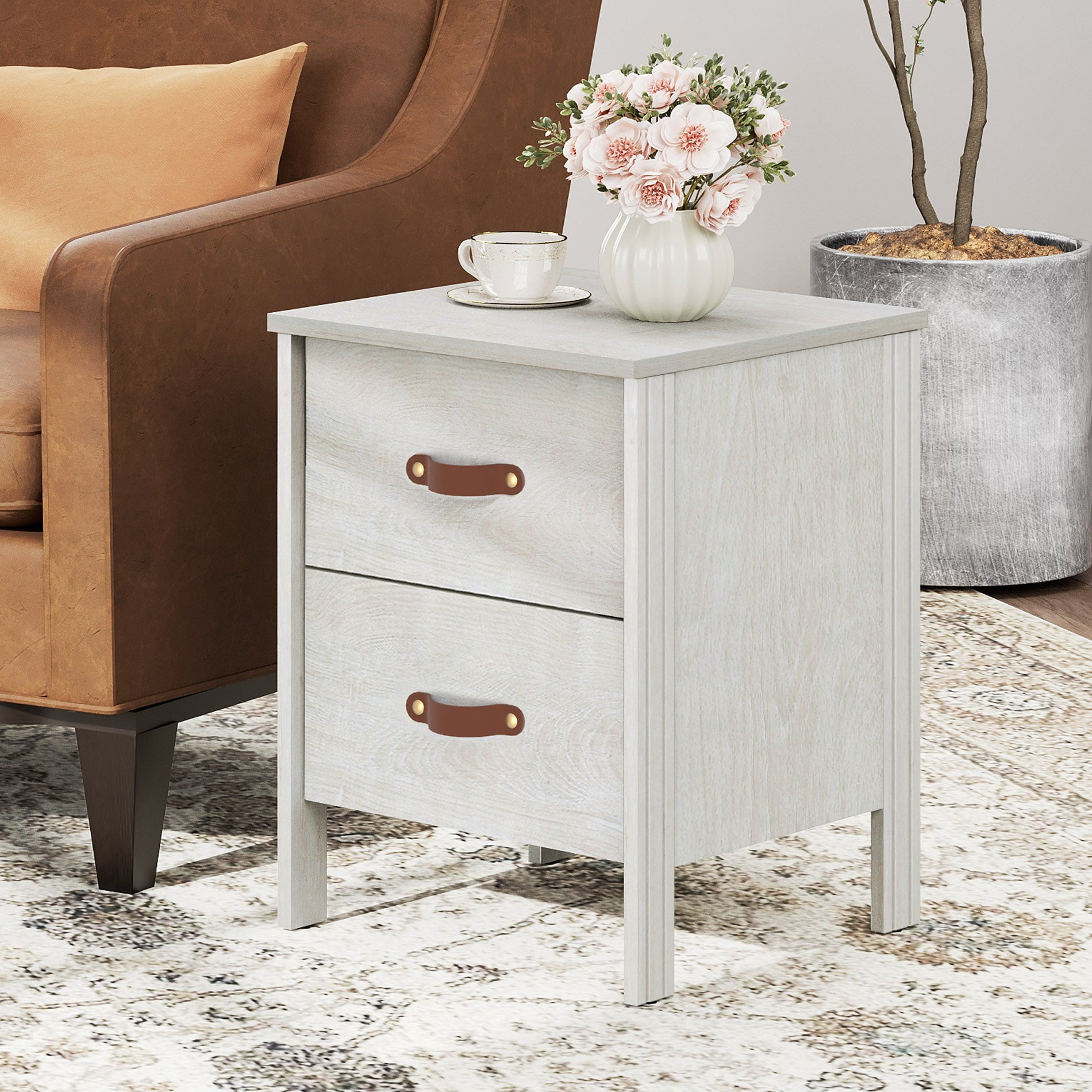 Wampat Set of 2 Nightstands for Bedroom, Compact Side Table with 2 Drawers & Charging Station for Living Room, Off White