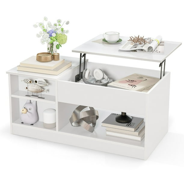 Costway Mesa de Centro con Tablero Elevable Mesa de Té Moderna Compartimentos Abiertos y Ocultos para Sala de Estar 100 x 50 x 45-59 cm Blanco