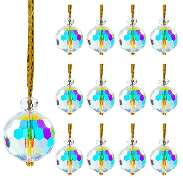 8Pcs Iridescents Mini Christmas Glass Ornaments For Tree And Wedding Decorations Round Prisms Suncatcher With Chain Xmas Tree Decor