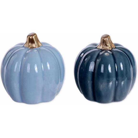 Fall 3" Blue Ceramic Pumpkins Salt and Pepper Shaker Set - Autumn Harvest Shaker Set for Thanksgiving Decor