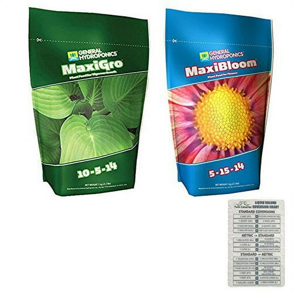 General Hydroponics MaxiGro & MaxiBloom Soluble Nutrient Bundle   Twin Canaries Chart - 2.2 lbs Each