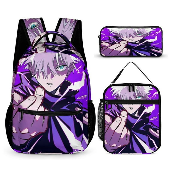 Jujutsu Backpack Kaisen Gojo 17 Inch 3 Piece Set with Insulated Lunch Bag and Pencil Case, Bookbag Laptop Backpack Cartoon Durable Lightweight Casual Backpack