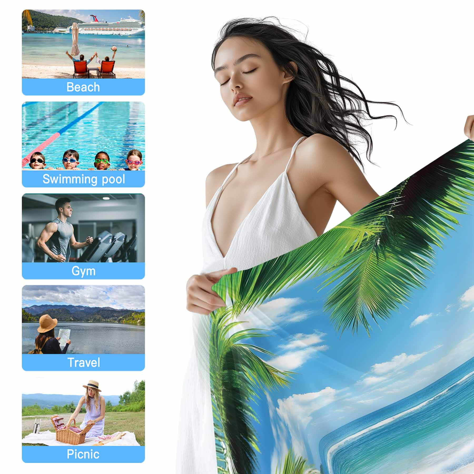 Tropical Summer Beach Towels Blanket Soft&Absorbent Quick Dry Microfiber Beach Ocean Coconut Tree Pool Towels for Swimming ,Yoga, Sports, Gym, Camping,Large 30X60in, Bule Green