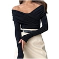 thumbnail image 2 of Women's Off The Shoulder Long Sleeve Bodysuit Ruched Cross Wrap Bodysuit Tops Shirts Black L, 2 of 5