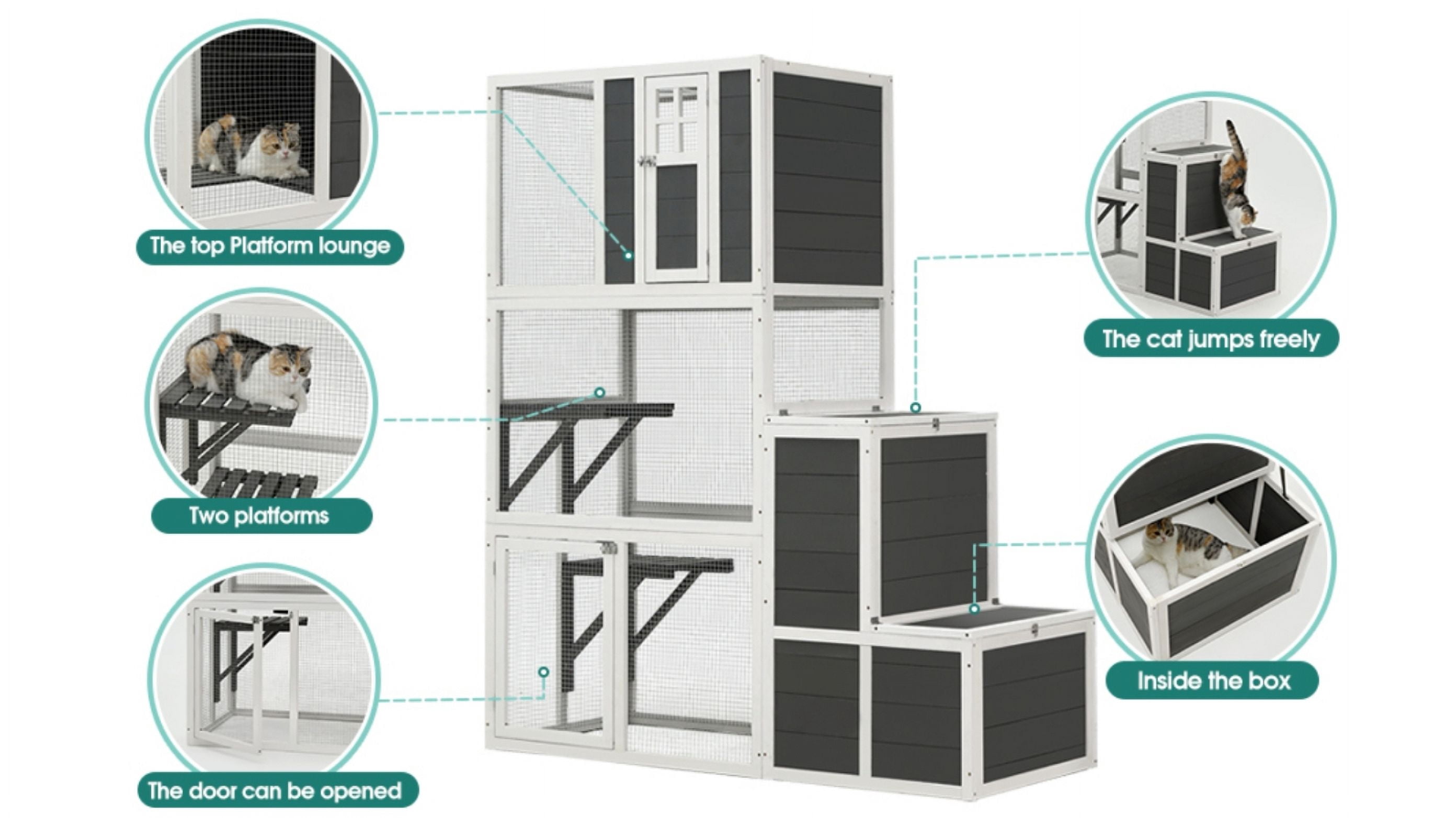 3-Tier Wooden Outdoor & Indoor Cat House Suitable for 1-3 Cats Cat Enclosure Resting Box with 4 Platforms and 2 doors Cat Shelter Kitty House with a Jump Box for Hiding and Resting Cat Cage 71"H-Gray