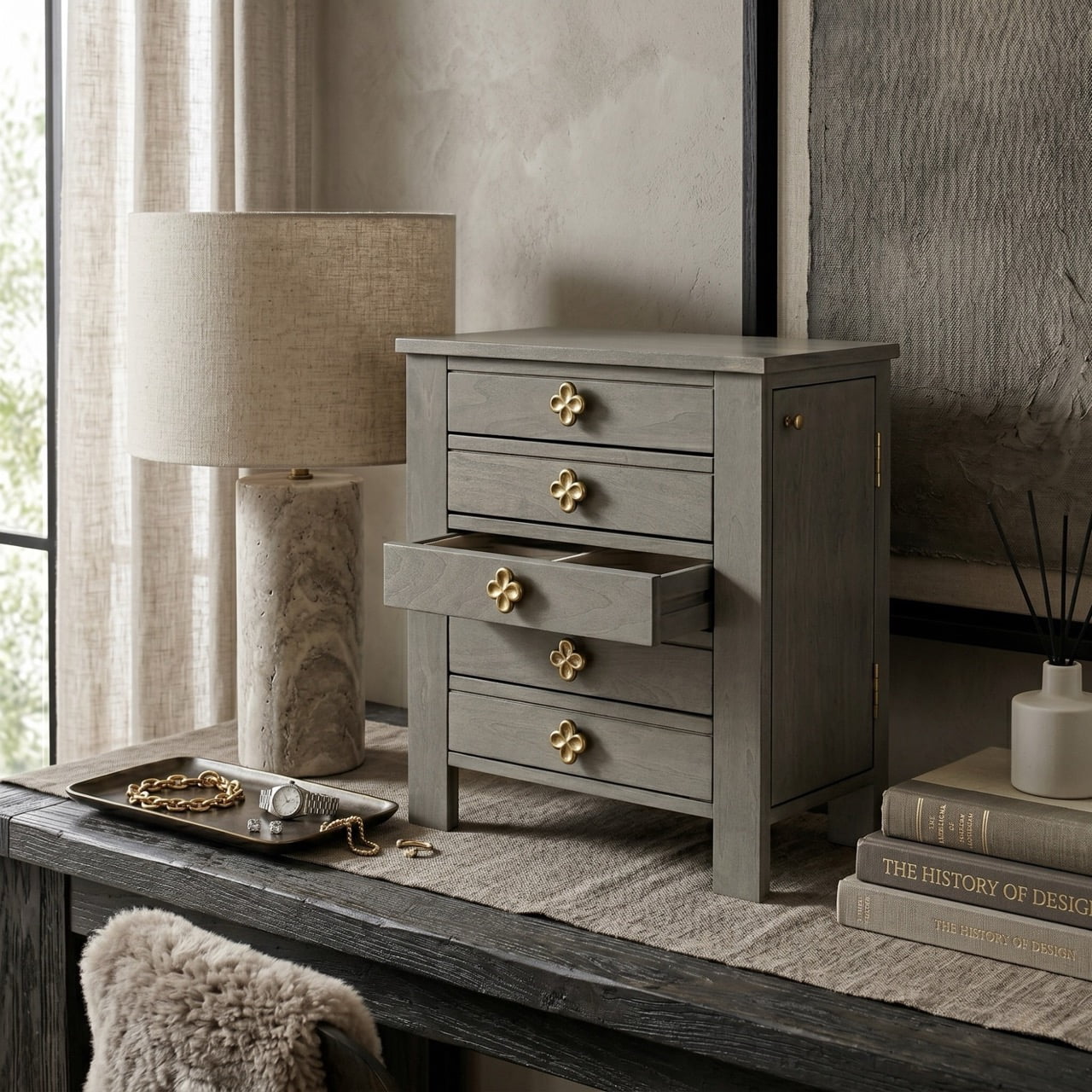 Hives and Honey Emma Wood Jewelry Chest: Modern Grey Tabletop Storage with 4 Drawers for Women