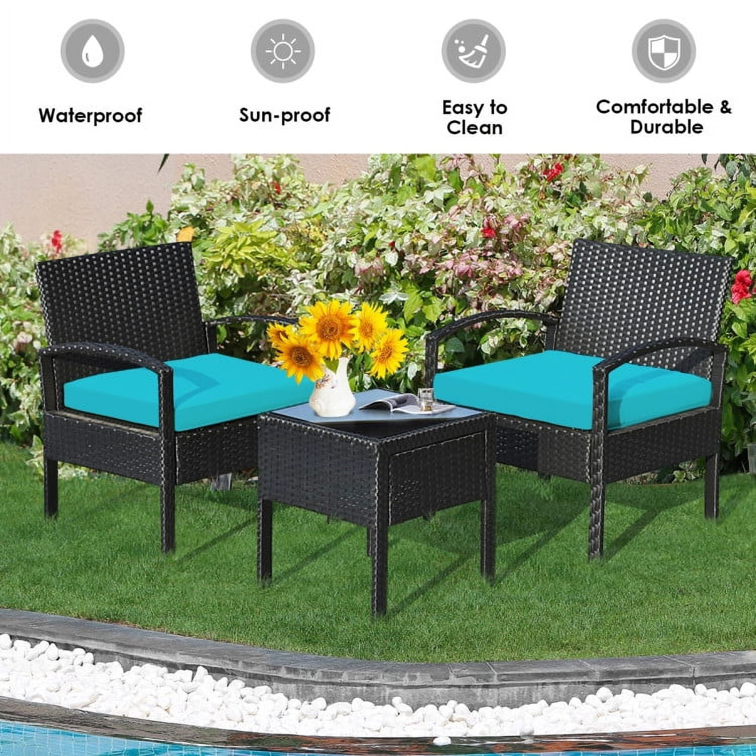 Aimee Lii 3 Pieces Outdoor Rattan Patio Conversation Set, Wicker Patio Furniture Set with Seat Cushions, Turquoise