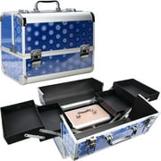 2-in-1 Train Makeup Case, Cosmetic Organizer, 4 Extendable Trays, Travel Case with Mirror and Keys, Portable Aluminum Trimming Makeup Box-Blue Hologprahic Hexagon