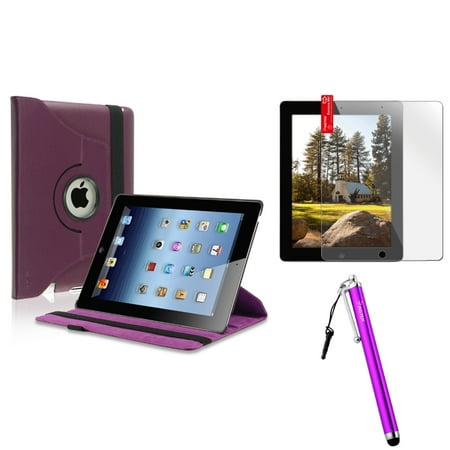 Insten For Apple iPad 4 4th 3 3rd 2 2nd 360 Rotating Leather Case Cover Swivel Stand Purple