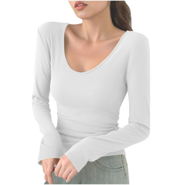 Dagugfen Womens T Shirts Long Sleeve U Neck Slim Fitted Lightweight Base Layer Top Fall Winter Solid Color