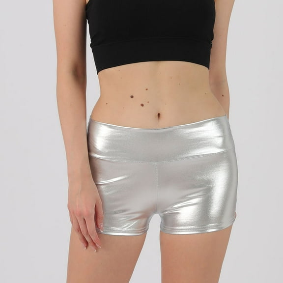 Rezuofi 2 Pcs Women's Metallic Rave Booty Shorts Shiny High Waisted Bottoms for Dance Festival