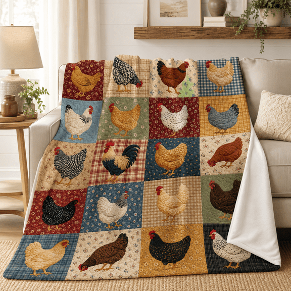 Farmhouse Patchwork Hen Blanket, Soft Lightweight Flannel Throw with Rustic Chicken Blocks, Plaid Prints and Floral Country Art for Sofa Bed Decor, 30 x 40 in