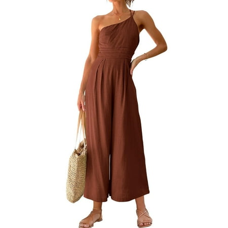 

Quealent Jumpsuits For Women Casual Women Summer Straps One Shoulder Dressy Casual Wide Leg High Waist Jumpsuit Romper With Coffee L
