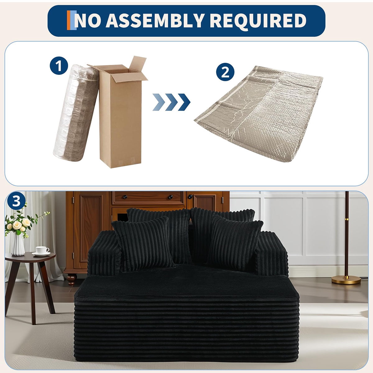 Danolapsi 54.3" Oversized Chaise Lounge,Wide Boneless Corduroy Loveseat with 4 Pillows, Armrests, Comfy Fluffy Reading Couch, No Assembly Required Deep Seat Sofa for Living Room, Bedroom, Office
