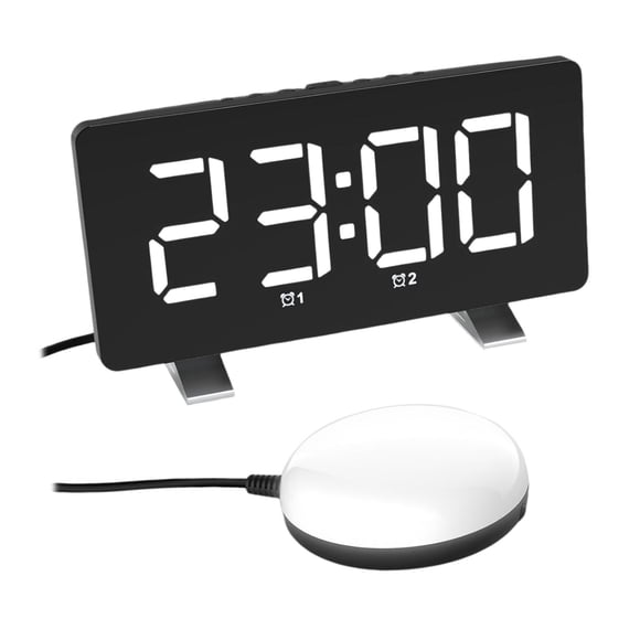 Espejo de escritorio con pantalla grande, despertador, pantalla 12/24 h, puerto de carga USB y vibrador. Blanco negro