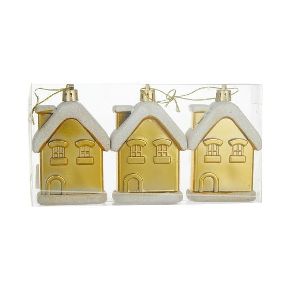 Gold Christmas Snow House Pendant Shaped Painted Ornaments Box Set 3Pc Gold Color Plastic Material Holiday Tree Decoration Home Festive Party