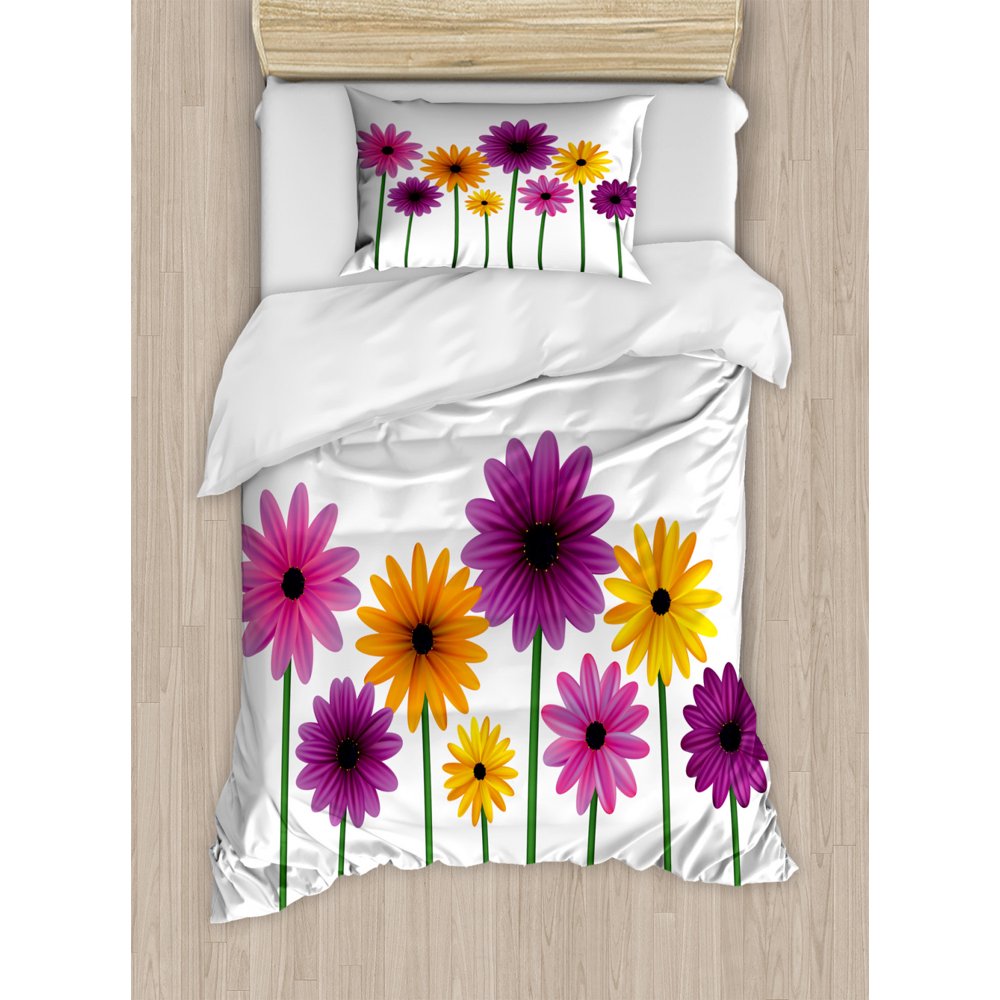 Gerber Daisy Duvet Cover Set Twin Size, Simplistic Colorful Spring