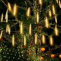 Morttic Meteor Shower Lights Outdoor, 11.8 Inches 8 Tubes 192 LED Snowfall Lights, Waterproof Hanging Falling Rain Lights for Tree Bushes Holiday Party Christmas Decoration,Warm White