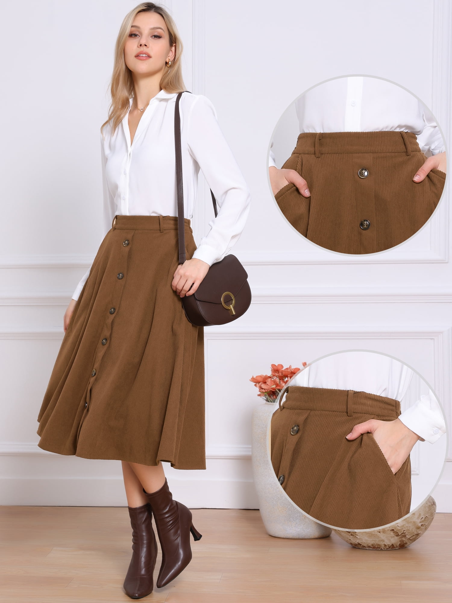 DARING DIVA Women's High Waist A Line Midi Skirts with Pockets X-Large Dark Brown