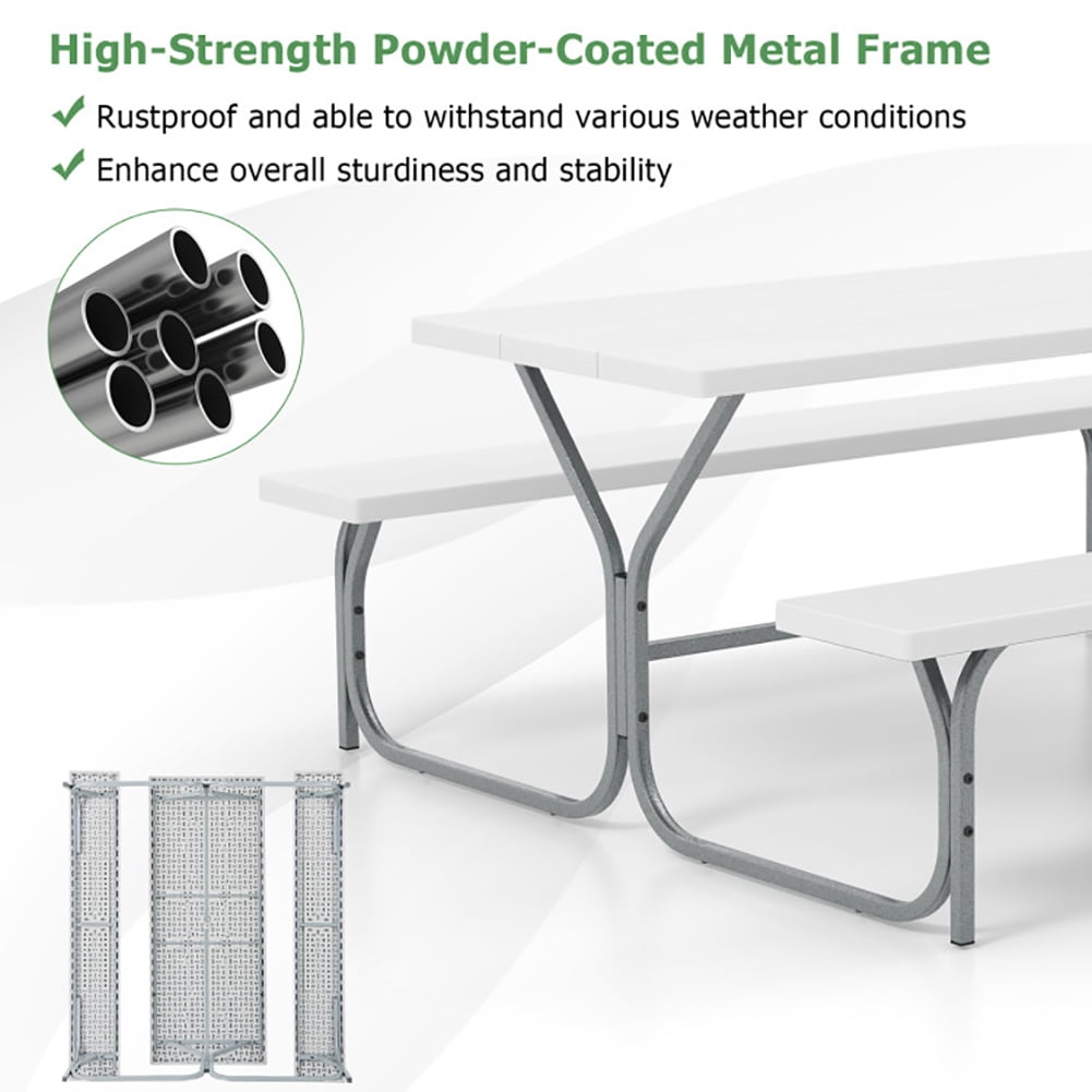Aimee Lii 6 FT Picnic Table Bench Set Dining Table and 2 Benches with Metal Frame and HDPE Tabletop, Outdoor Patio Furniture, White Aimee Lii 6 FT Picnic Table Bench Set Dining Table and 2 Benches with Metal Frame and HDPE Tabletop, Outdoor Patio Furniture, White