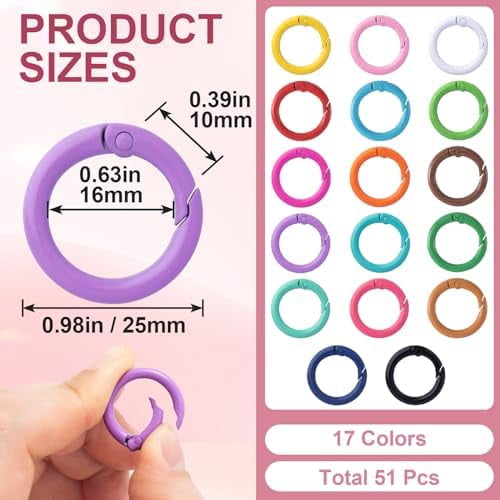Jointown 51Pcs 25mm Round Spring O Rings, Colorful Metal Key Ring Snap Buckle Clip Trigger DIY Accessories for Purse Keyrings Keychain Handbag Lanyard