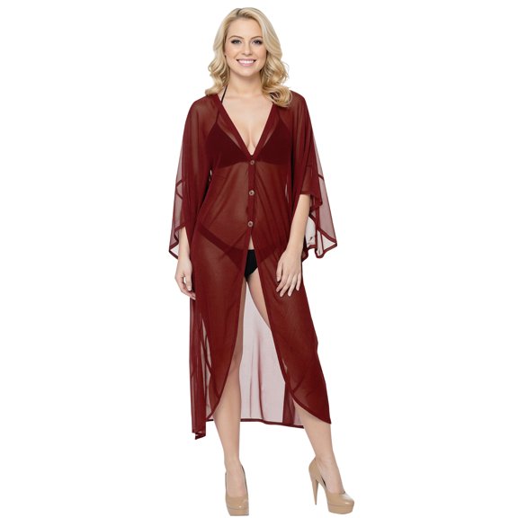 HAPPY BAY Women's Chiffon Beach Solid Sheer Button Down Kimono Bathing Suit Cover up Casual Summer Beachwear Duster Cardigan Kimonos for Women 3X-4X Garnet, Solid