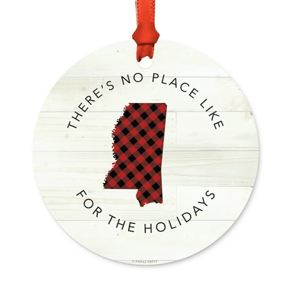 US State Round Metal Christmas Ornament, Red Plaid on Light Rustic Wood, Mississippi, Includes Ribbon and Gift Bag