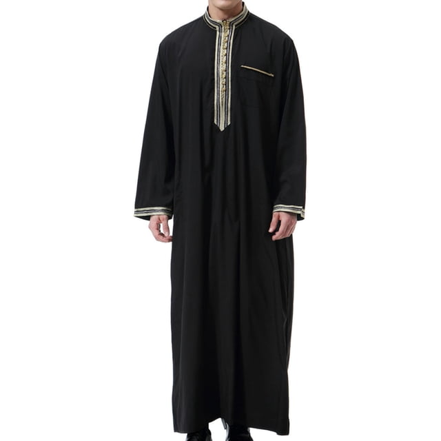 DPTALR Men's Muslim Robe Arab Middle Robe Long Style Long Sleeve Embroidered Standing Neck Pocket Long Shirt Casual Robe