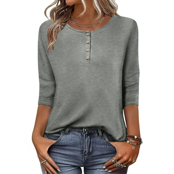 Blmnix Beach Fashion Clothing 3/4 Sleeve Plain Gray Womens Fall Outfits Crew Neck Tops