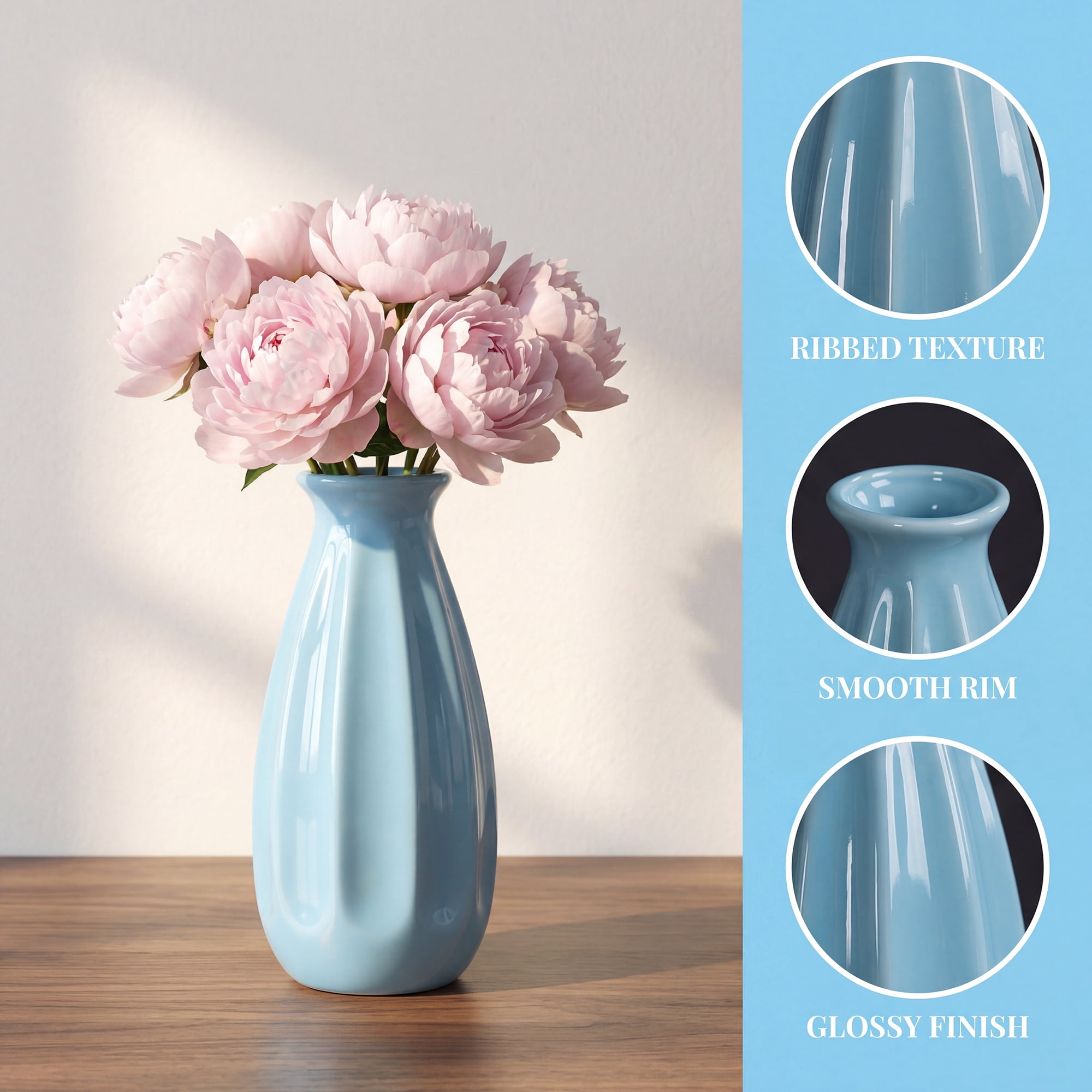 Unique Bargains Mini Ceramic Matte Ribbed Flower Vase Blue 2.4"L x 2.4"W x 5.1"H