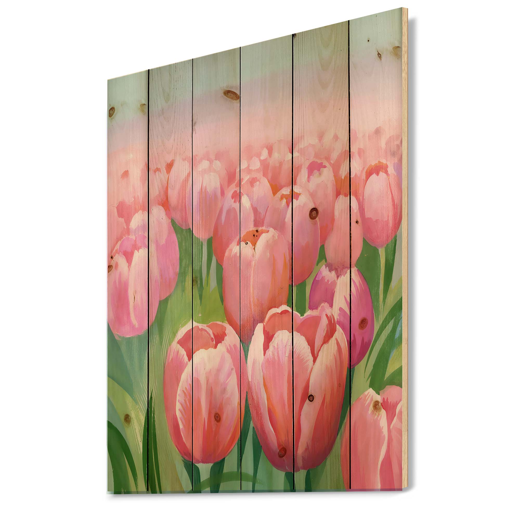 Designart 'Pink Tulips in Field' Traditional Print on Natural Pine Wood