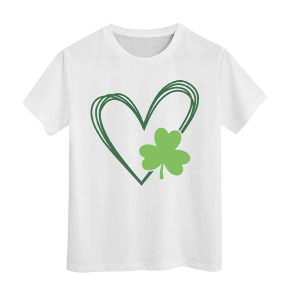 FUZHIQ Shamrock Shirts for Girl Boys Funny Irish Clover Pattys Short Summer Tee Shirts Crew Neck Festival Casual Outdoor Girls Shirts Size 12(White,12-13 Years)