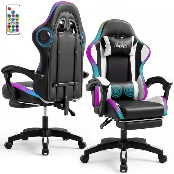 Gaming Chair with RGB LED Lights ergonomic chair; high-back PC chair with footrest and built-in speakers | lumbar support and headrest
