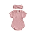 thumbnail image 2 of Aojekbee Newborn Girl Outfit, Short Sleeve Crew Neck Solid Bodysuit with Bowknot Headband Summer Clothes, 2 of 10
