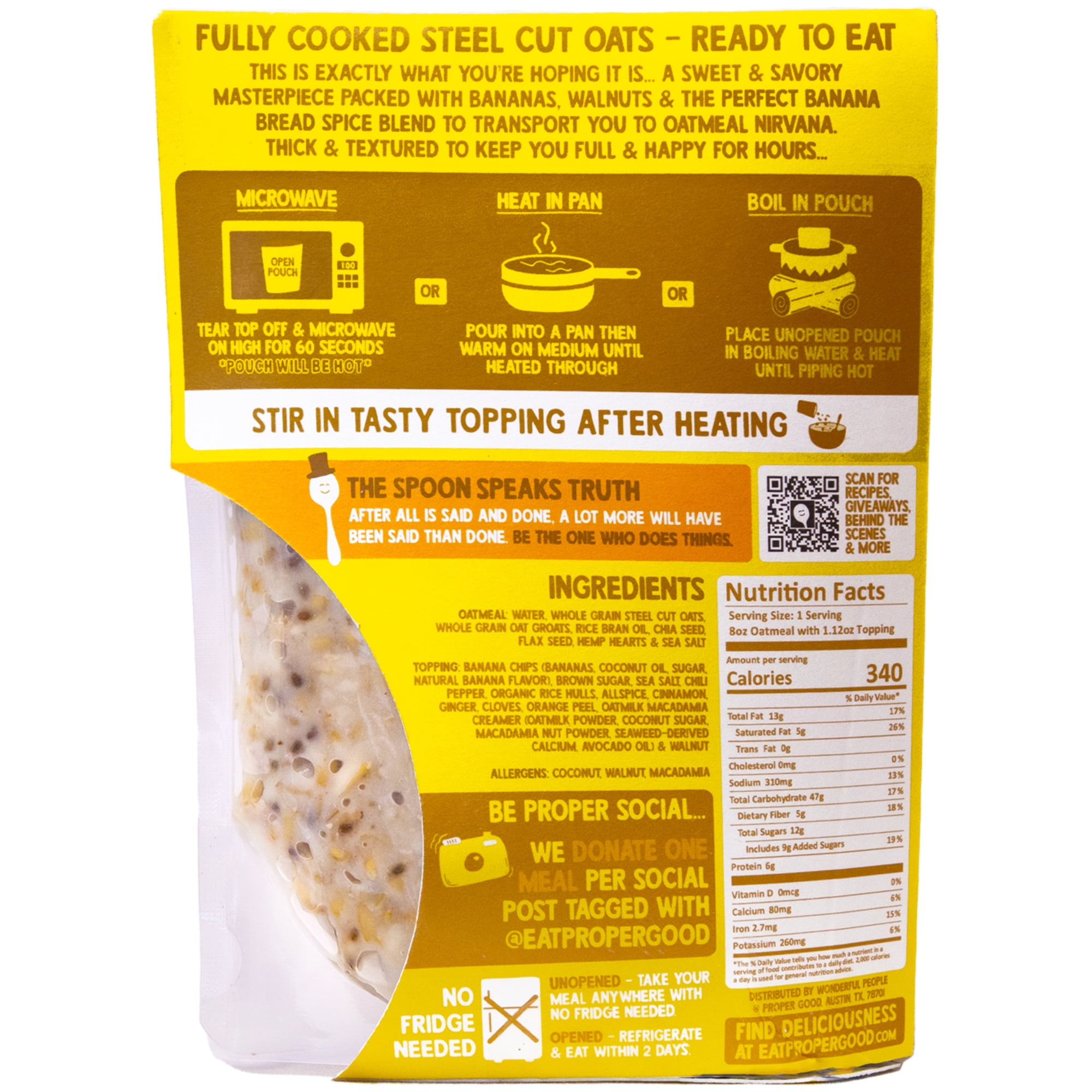 Proper Good Instant Oatmeal, Banana Bread, Steel Cut Oats, Shelf-Stable, 9.12 oz Packet