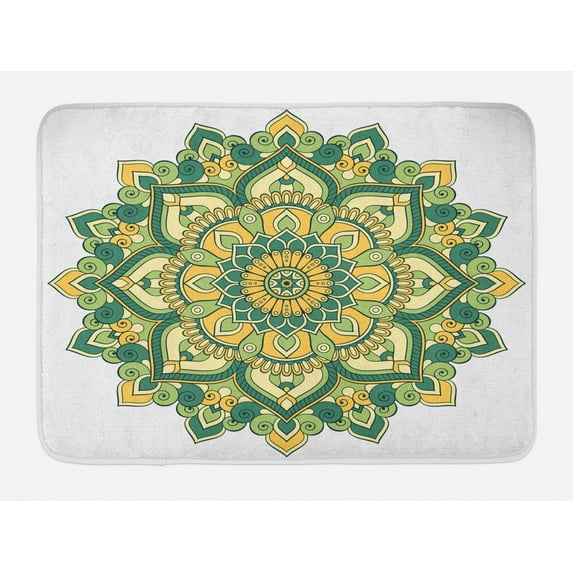 Mandala Bath Mat, Asian Style Ethnic Dahlia Petals Eastern Illustration Print, Non-Slip Plush Mat Bathroom Kitchen Laundry Room Decor, 29.5 X 17.5 Inches, Jade Hunter Fern Green Apricot, Ambesonne