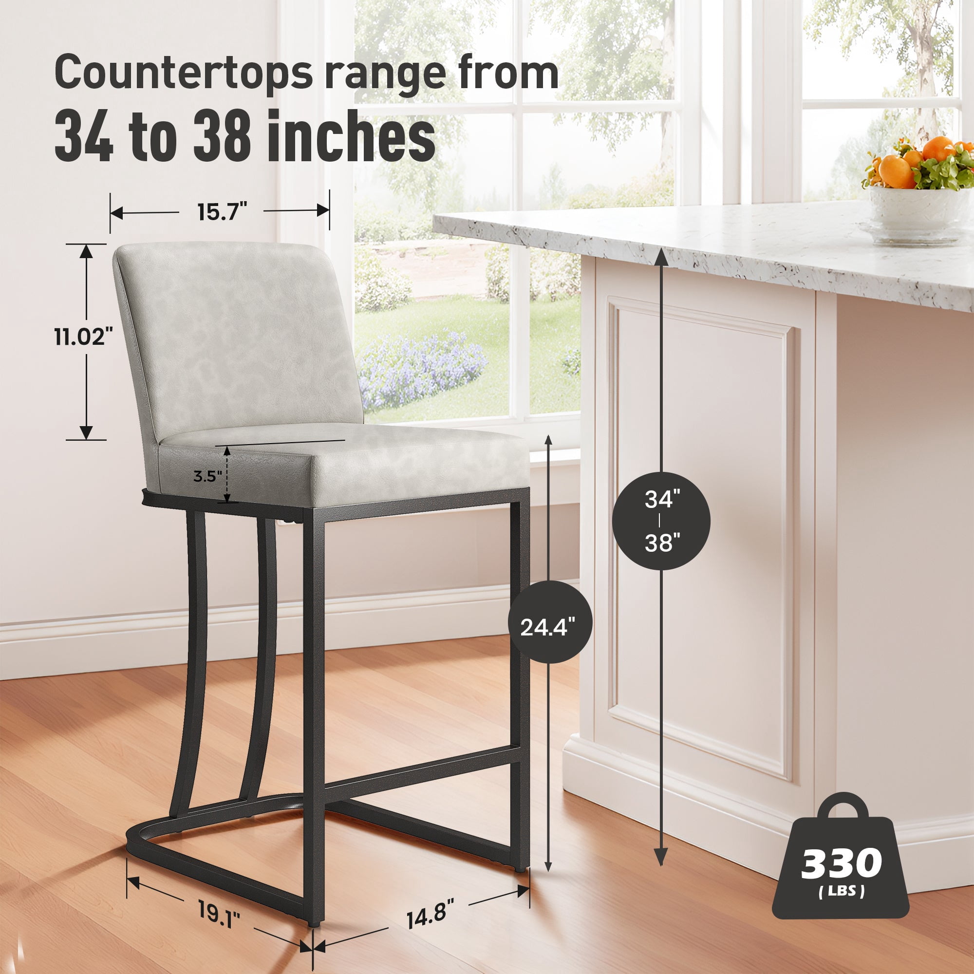 MF Studio 24" Counter Height Bar Stool with Back, Faux Leather Bar Chair for Kitchen Island, Light Gray