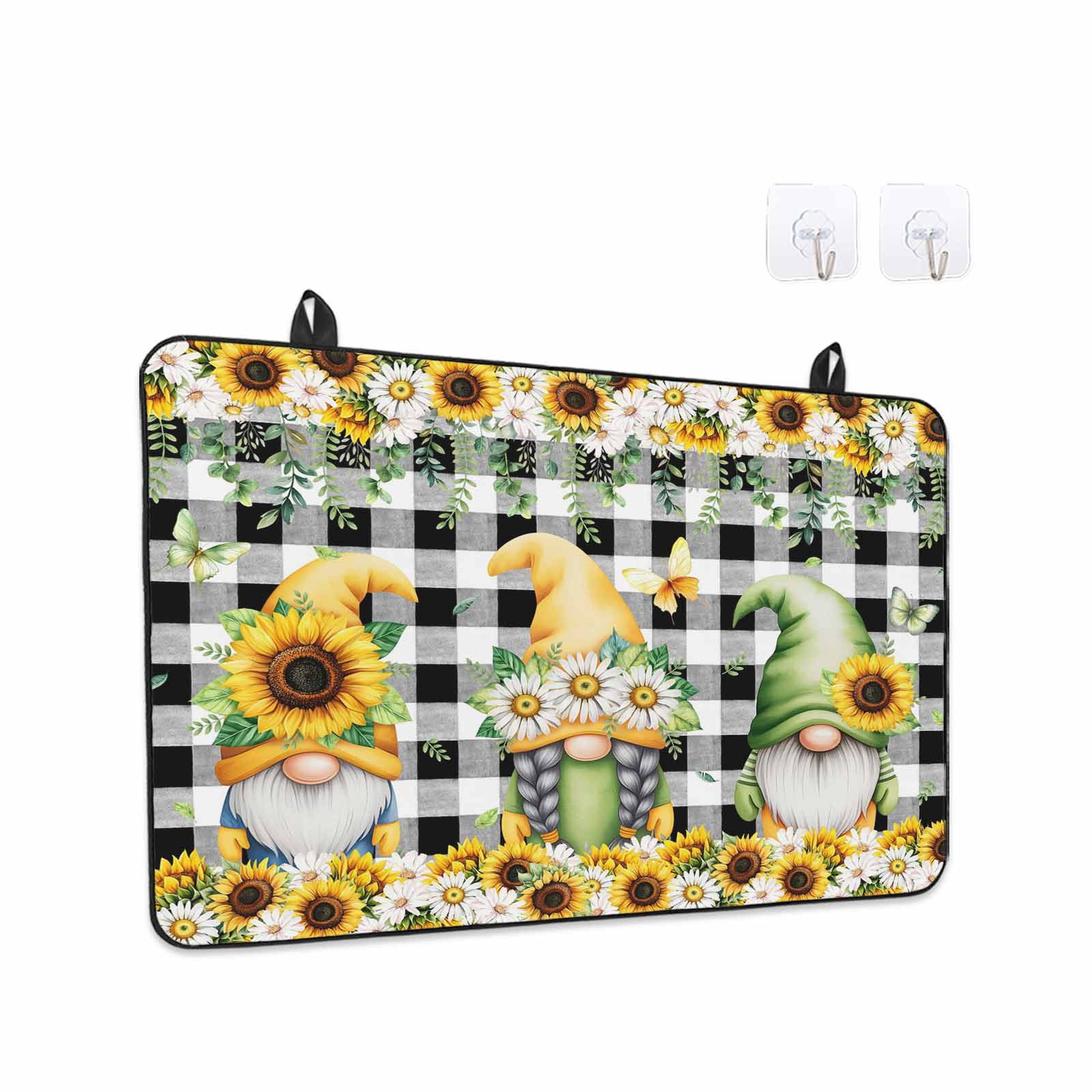 Spring Gnomes Stove Top Cover for Electric Stove, Heat-proof & Non Slip Glass Top Stove Cover Protector, Botanical Budding Sunflowers Buffalo Plaid Kitchen Flat Cooktop Rubber Mat 24x21 Inches